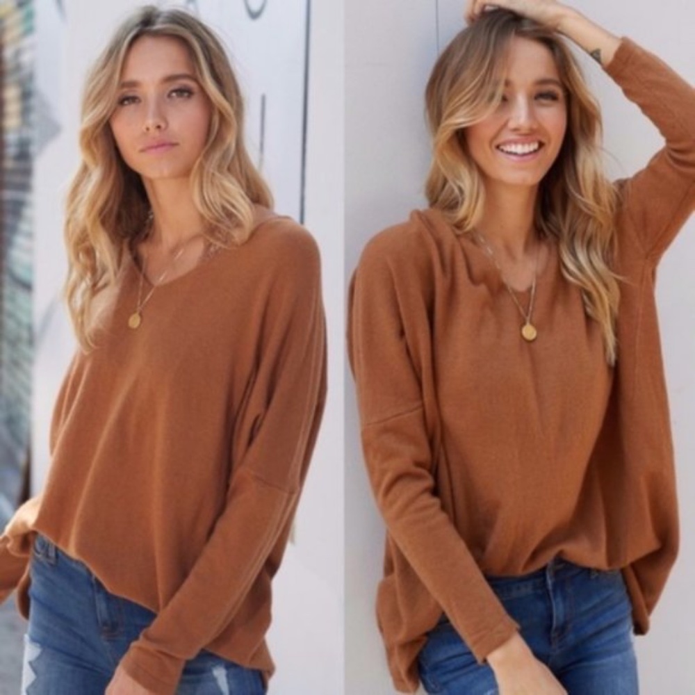 rust camel oversized v neck slouchy sweater top